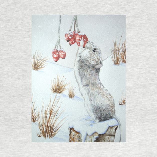 Cute mouse and red berries snow scene wildlife by pollywolly